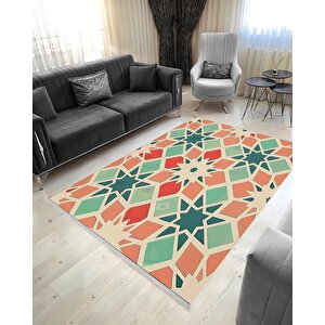 Pamuk Dokuma Taban Halı – Green; Red; Orange; Cream – Geometric Desen, Makinede Yıkanabilir, Kolay Temizlenebilir, Toz Ve Tüy Tutmaz, Kaymaz, Evcil Hayvan Dostu