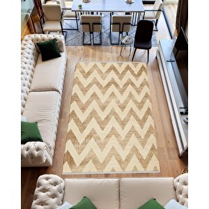 Mutfak Halısı – Bej; Kahverengi – Zigzag Desen, Makinede Yıkanabilir, Kolay Temizlenebilir, Toz Ve Tüy Tutmaz, Kaymaz, Evcil Hayvan Dostu 80x150 cm