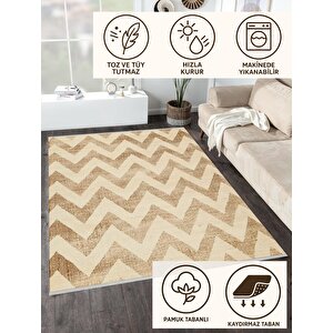 Mutfak Halısı – Bej; Kahverengi – Zigzag Desen, Makinede Yıkanabilir, Kolay Temizlenebilir, Toz Ve Tüy Tutmaz, Kaymaz, Evcil Hayvan Dostu 80x150 cm