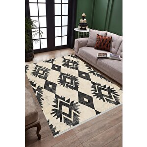 Pamuk Dokuma Taban Halı – Siyah; Krem – Etnik Desen, Makinede Yıkanabilir, Kolay Temizlenebilir, Toz Ve Tüy Tutmaz, Kaymaz, Evcil Hayvan Dostu 150x240 cm