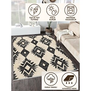 Pamuk Dokuma Taban Halı – Siyah; Krem – Etnik Desen, Makinede Yıkanabilir, Kolay Temizlenebilir, Toz Ve Tüy Tutmaz, Kaymaz, Evcil Hayvan Dostu 150x240 cm