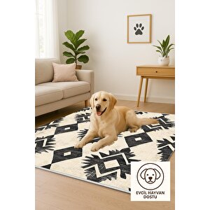 Pamuk Dokuma Taban Halı – Siyah; Krem – Etnik Desen, Makinede Yıkanabilir, Kolay Temizlenebilir, Toz Ve Tüy Tutmaz, Kaymaz, Evcil Hayvan Dostu
