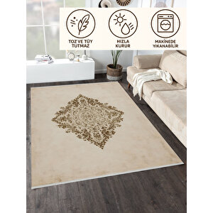 Pamuk Dokuma Taban Halı – Bej; Altın Sarısı – Geleneksel Desen, Makinede Yıkanabilir, Kolay Temizlenebilir, Toz Ve Tüy Tutmaz, Kaymaz, Evcil Hayvan Dostu 120x180 cm