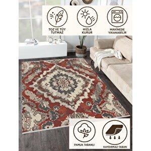 Pamuk Dokuma Taban Halı – Kırmızı; Gri; Krem – Geleneksel Desen, Makinede Yıkanabilir, Kolay Temizlenebilir, Toz Ve Tüy Tutmaz, Kaymaz, Evcil Hayvan Dostu