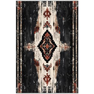 Pamuk Dokuma Taban Halı – Siyah; Krem; Kırmızı; Kahverengi – Geleneksel Desen, Makinede Yıkanabilir, Kolay Temizlenebilir, Toz Ve Tüy Tutmaz, Kaymaz, Evcil Hayvan Dostu 160x350 cm