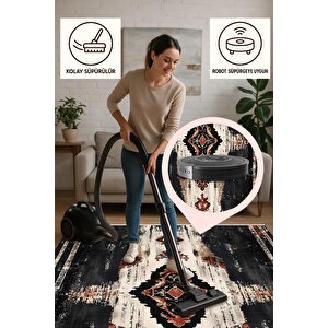 Pamuk Dokuma Taban Halı – Siyah; Krem; Kırmızı; Kahverengi – Geleneksel Desen, Makinede Yıkanabilir, Kolay Temizlenebilir, Toz Ve Tüy Tutmaz, Kaymaz, Evcil Hayvan Dostu