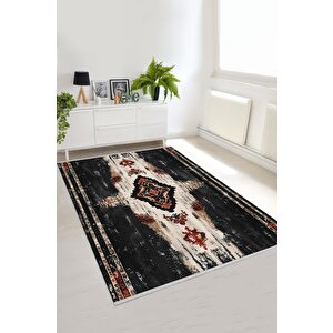 Pamuk Dokuma Taban Halı – Siyah; Krem; Kırmızı; Kahverengi – Geleneksel Desen, Makinede Yıkanabilir, Kolay Temizlenebilir, Toz Ve Tüy Tutmaz, Kaymaz, Evcil Hayvan Dostu