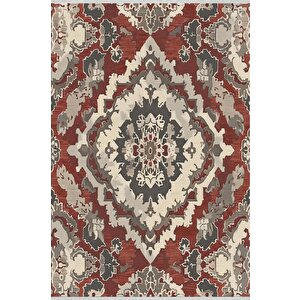 Pamuk Dokuma Taban Halı – Kırmızı; Gri; Krem – Geleneksel Desen, Makinede Yıkanabilir, Kolay Temizlenebilir, Toz Ve Tüy Tutmaz, Kaymaz, Evcil Hayvan Dostu 200x350 cm