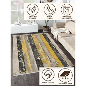 Pamuk Dokuma Taban Halı – Sarı; Siyah; Gri; Bej – Striped Desen, Makinede Yıkanabilir, Kolay Temizlenebilir, Toz Ve Tüy Tutmaz, Kaymaz, Evcil Hayvan Dostu 120x180 cm
