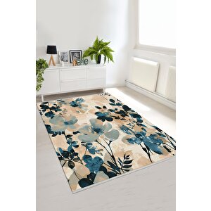 Oturma Odası Halısı – Bej; Mavi – Çiçekli Desen, Makinede Yıkanabilir, Kolay Temizlenebilir, Toz Ve Tüy Tutmaz, Kaymaz, Evcil Hayvan Dostu 150x300 cm