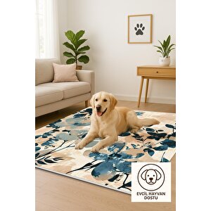 Oturma Odası Halısı – Bej; Mavi – Çiçekli Desen, Makinede Yıkanabilir, Kolay Temizlenebilir, Toz Ve Tüy Tutmaz, Kaymaz, Evcil Hayvan Dostu 150x300 cm