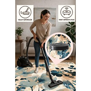 Oturma Odası Halısı – Bej; Mavi – Çiçekli Desen, Makinede Yıkanabilir, Kolay Temizlenebilir, Toz Ve Tüy Tutmaz, Kaymaz, Evcil Hayvan Dostu