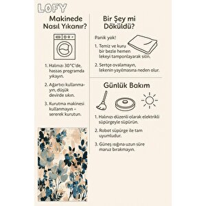 Oturma Odası Halısı – Bej; Mavi – Çiçekli Desen, Makinede Yıkanabilir, Kolay Temizlenebilir, Toz Ve Tüy Tutmaz, Kaymaz, Evcil Hayvan Dostu
