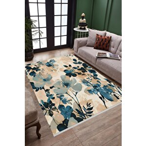 Oturma Odası Halısı – Bej; Mavi – Çiçekli Desen, Makinede Yıkanabilir, Kolay Temizlenebilir, Toz Ve Tüy Tutmaz, Kaymaz, Evcil Hayvan Dostu