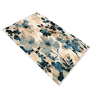 Oturma Odası Halısı – Bej; Mavi – Çiçekli Desen, Makinede Yıkanabilir, Kolay Temizlenebilir, Toz Ve Tüy Tutmaz, Kaymaz, Evcil Hayvan Dostu