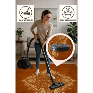 Pamuk Dokuma Taban Halı – Kahverengi; Krem – Geleneksel Desen, Makinede Yıkanabilir, Kolay Temizlenebilir, Toz Ve Tüy Tutmaz, Kaymaz, Evcil Hayvan Dostu