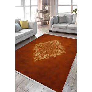 Pamuk Dokuma Taban Halı – Kahverengi; Krem – Geleneksel Desen, Makinede Yıkanabilir, Kolay Temizlenebilir, Toz Ve Tüy Tutmaz, Kaymaz, Evcil Hayvan Dostu