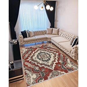 Pamuk Dokuma Taban Halı – Kırmızı; Gri; Krem – Geleneksel Desen, Makinede Yıkanabilir, Kolay Temizlenebilir, Toz Ve Tüy Tutmaz, Kaymaz, Evcil Hayvan Dostu 120x270 cm