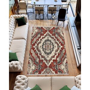 Pamuk Dokuma Taban Halı – Kırmızı; Gri; Krem – Geleneksel Desen, Makinede Yıkanabilir, Kolay Temizlenebilir, Toz Ve Tüy Tutmaz, Kaymaz, Evcil Hayvan Dostu 120x270 cm