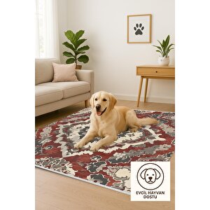 Pamuk Dokuma Taban Halı – Kırmızı; Gri; Krem – Geleneksel Desen, Makinede Yıkanabilir, Kolay Temizlenebilir, Toz Ve Tüy Tutmaz, Kaymaz, Evcil Hayvan Dostu