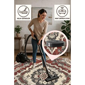 Pamuk Dokuma Taban Halı – Kırmızı; Gri; Krem – Geleneksel Desen, Makinede Yıkanabilir, Kolay Temizlenebilir, Toz Ve Tüy Tutmaz, Kaymaz, Evcil Hayvan Dostu