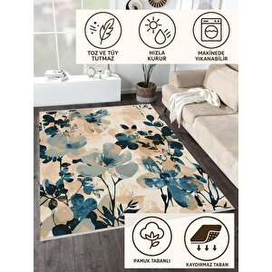 Oturma Odası Halısı – Bej; Mavi – Çiçekli Desen, Makinede Yıkanabilir, Kolay Temizlenebilir, Toz Ve Tüy Tutmaz, Kaymaz, Evcil Hayvan Dostu