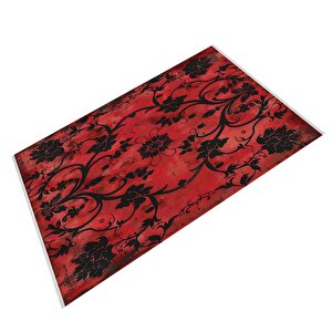 Pamuk Dokuma Taban Halı – Kırmızı; Siyah – Floral Desen, Makinede Yıkanabilir, Kolay Temizlenebilir, Toz Ve Tüy Tutmaz, Kaymaz, Evcil Hayvan Dostu