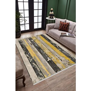 Pamuk Dokuma Taban Halı – Sarı; Siyah; Gri; Bej – Striped Desen, Makinede Yıkanabilir, Kolay Temizlenebilir, Toz Ve Tüy Tutmaz, Kaymaz, Evcil Hayvan Dostu 200x270 cm