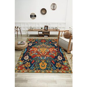 Oturma Odası Halısı – Lacivert; Turuncu – Geleneksel Desen, Makinede Yıkanabilir, Kolay Temizlenebilir, Toz Ve Tüy Tutmaz, Kaymaz, Evcil Hayvan Dostu