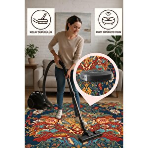 Oturma Odası Halısı – Lacivert; Turuncu – Geleneksel Desen, Makinede Yıkanabilir, Kolay Temizlenebilir, Toz Ve Tüy Tutmaz, Kaymaz, Evcil Hayvan Dostu