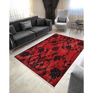 Pamuk Dokuma Taban Halı – Kırmızı; Siyah – Floral Desen, Makinede Yıkanabilir, Kolay Temizlenebilir, Toz Ve Tüy Tutmaz, Kaymaz, Evcil Hayvan Dostu 160x230 cm