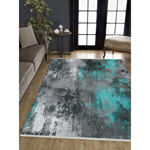 Pamuk Dokuma Taban Halı – Turkuaz; Gri; Siyah; Beyaz – Soyut Desen, Eskitilmiş Görünümlü Tasarım, Makinede Yıkanabilir, Kolay Temizlenebilir, Toz Ve Tüy Tutmaz, Kaymaz, Evcil Hayvan Dostu 100x180 cm