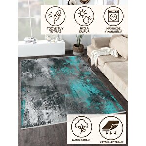 Pamuk Dokuma Taban Halı – Turkuaz; Gri; Siyah; Beyaz – Soyut Desen, Eskitilmiş Görünümlü Tasarım, Makinede Yıkanabilir, Kolay Temizlenebilir, Toz Ve Tüy Tutmaz, Kaymaz, Evcil Hayvan Dostu