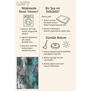 Pamuk Dokuma Taban Halı – Turkuaz; Gri; Siyah; Beyaz – Soyut Desen, Eskitilmiş Görünümlü Tasarım, Makinede Yıkanabilir, Kolay Temizlenebilir, Toz Ve Tüy Tutmaz, Kaymaz, Evcil Hayvan Dostu