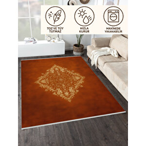 Pamuk Dokuma Taban Halı – Kahverengi; Krem – Geleneksel Desen, Makinede Yıkanabilir, Kolay Temizlenebilir, Toz Ve Tüy Tutmaz, Kaymaz, Evcil Hayvan Dostu 100x180 cm
