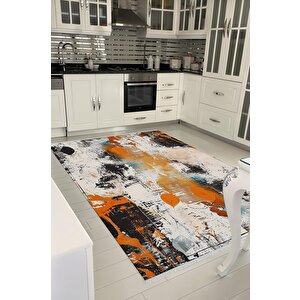 Pamuk Tabanlı Kaymaz Halı – Turuncu; Siyah; Beyaz; Mavi – Soyut Desen, Pamuk Dokuma Taban, Makinede Yıkanabilir, Kolay Temizlenebilir, Toz Ve Tüy Tutmaz, Kaymaz, Evcil Hayvan Dostu 100x180 cm