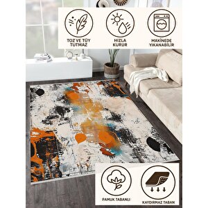 Pamuk Tabanlı Kaymaz Halı – Turuncu; Siyah; Beyaz; Mavi – Soyut Desen, Pamuk Dokuma Taban, Makinede Yıkanabilir, Kolay Temizlenebilir, Toz Ve Tüy Tutmaz, Kaymaz, Evcil Hayvan Dostu