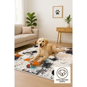 Pamuk Tabanlı Kaymaz Halı – Turuncu; Siyah; Beyaz; Mavi – Soyut Desen, Pamuk Dokuma Taban, Makinede Yıkanabilir, Kolay Temizlenebilir, Toz Ve Tüy Tutmaz, Kaymaz, Evcil Hayvan Dostu