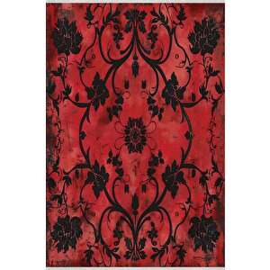Pamuk Dokuma Taban Halı – Kırmızı; Siyah – Floral Desen, Makinede Yıkanabilir, Kolay Temizlenebilir, Toz Ve Tüy Tutmaz, Kaymaz, Evcil Hayvan Dostu