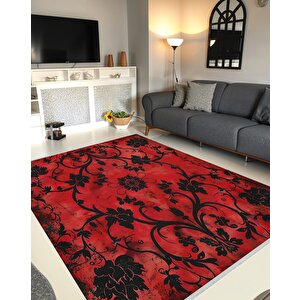 Pamuk Dokuma Taban Halı – Kırmızı; Siyah – Floral Desen, Makinede Yıkanabilir, Kolay Temizlenebilir, Toz Ve Tüy Tutmaz, Kaymaz, Evcil Hayvan Dostu