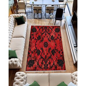 Pamuk Dokuma Taban Halı – Kırmızı; Siyah – Floral Desen, Makinede Yıkanabilir, Kolay Temizlenebilir, Toz Ve Tüy Tutmaz, Kaymaz, Evcil Hayvan Dostu