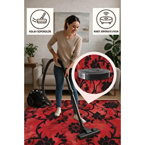 Pamuk Dokuma Taban Halı – Kırmızı; Siyah – Floral Desen, Makinede Yıkanabilir, Kolay Temizlenebilir, Toz Ve Tüy Tutmaz, Kaymaz, Evcil Hayvan Dostu