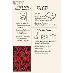 Pamuk Dokuma Taban Halı – Kırmızı; Siyah – Floral Desen, Makinede Yıkanabilir, Kolay Temizlenebilir, Toz Ve Tüy Tutmaz, Kaymaz, Evcil Hayvan Dostu