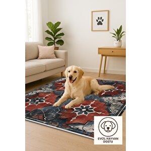 Oturma Odası Halısı – Kırmızı; Lacivert – Eskitilmiş Görünümlü Tasarım, Makinede Yıkanabilir, Kolay Temizlenebilir, Toz Ve Tüy Tutmaz, Kaymaz, Evcil Hayvan Dostu