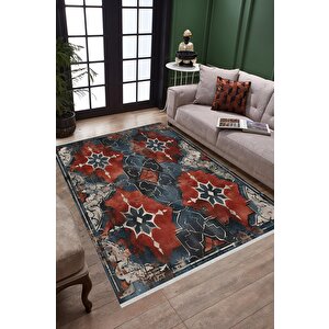 Oturma Odası Halısı – Kırmızı; Lacivert – Eskitilmiş Görünümlü Tasarım, Makinede Yıkanabilir, Kolay Temizlenebilir, Toz Ve Tüy Tutmaz, Kaymaz, Evcil Hayvan Dostu