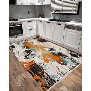 Pamuk Tabanlı Kaymaz Halı – Turuncu; Siyah; Beyaz; Mavi – Soyut Desen, Pamuk Dokuma Taban, Makinede Yıkanabilir, Kolay Temizlenebilir, Toz Ve Tüy Tutmaz, Kaymaz, Evcil Hayvan Dostu 180x200 cm
