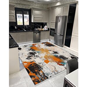 Pamuk Tabanlı Kaymaz Halı – Turuncu; Siyah; Beyaz; Mavi – Soyut Desen, Pamuk Dokuma Taban, Makinede Yıkanabilir, Kolay Temizlenebilir, Toz Ve Tüy Tutmaz, Kaymaz, Evcil Hayvan Dostu