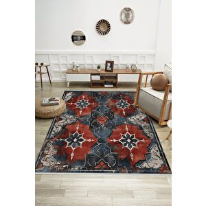Oturma Odası Halısı – Kırmızı; Lacivert – Eskitilmiş Görünümlü Tasarım, Makinede Yıkanabilir, Kolay Temizlenebilir, Toz Ve Tüy Tutmaz, Kaymaz, Evcil Hayvan Dostu