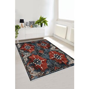Oturma Odası Halısı – Kırmızı; Lacivert – Eskitilmiş Görünümlü Tasarım, Makinede Yıkanabilir, Kolay Temizlenebilir, Toz Ve Tüy Tutmaz, Kaymaz, Evcil Hayvan Dostu