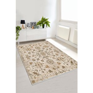 Pamuk Dokuma Taban Halı – Bej; Kahverengi – Oriental Desen, Makinede Yıkanabilir, Kolay Temizlenebilir, Toz Ve Tüy Tutmaz, Kaymaz, Evcil Hayvan Dostu